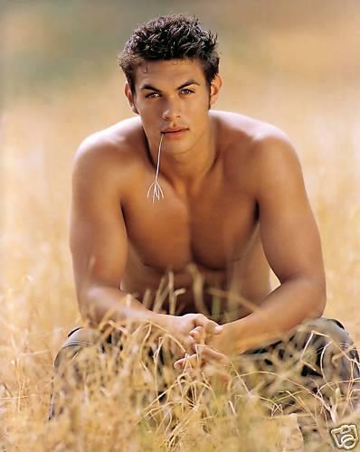 hot shirtless farmer sitting in a wheat field